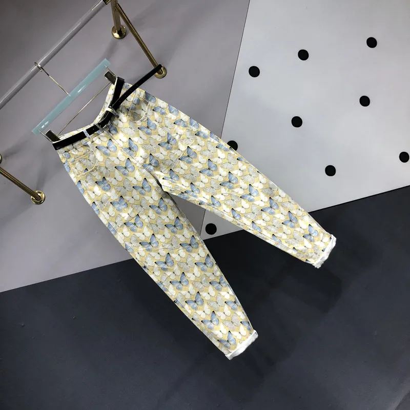 European Station 2023 Spring New Fashion Butterfly Print Pleated Jeans Fashion Women's Loose Slimming Ankle-Tied Harem Pants