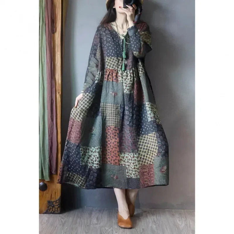 2024 Vintage Ethnic Style Cotton Linen Medium-Length Dress Women's Autumn Long Sleeve Loose-Fit Slimming Stylish