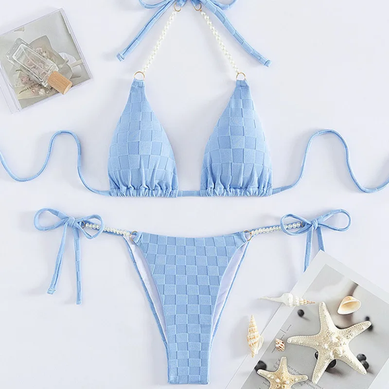 Сексуальные купальники бикини с жемчужной цепочкой женские эффектом пуш-ап