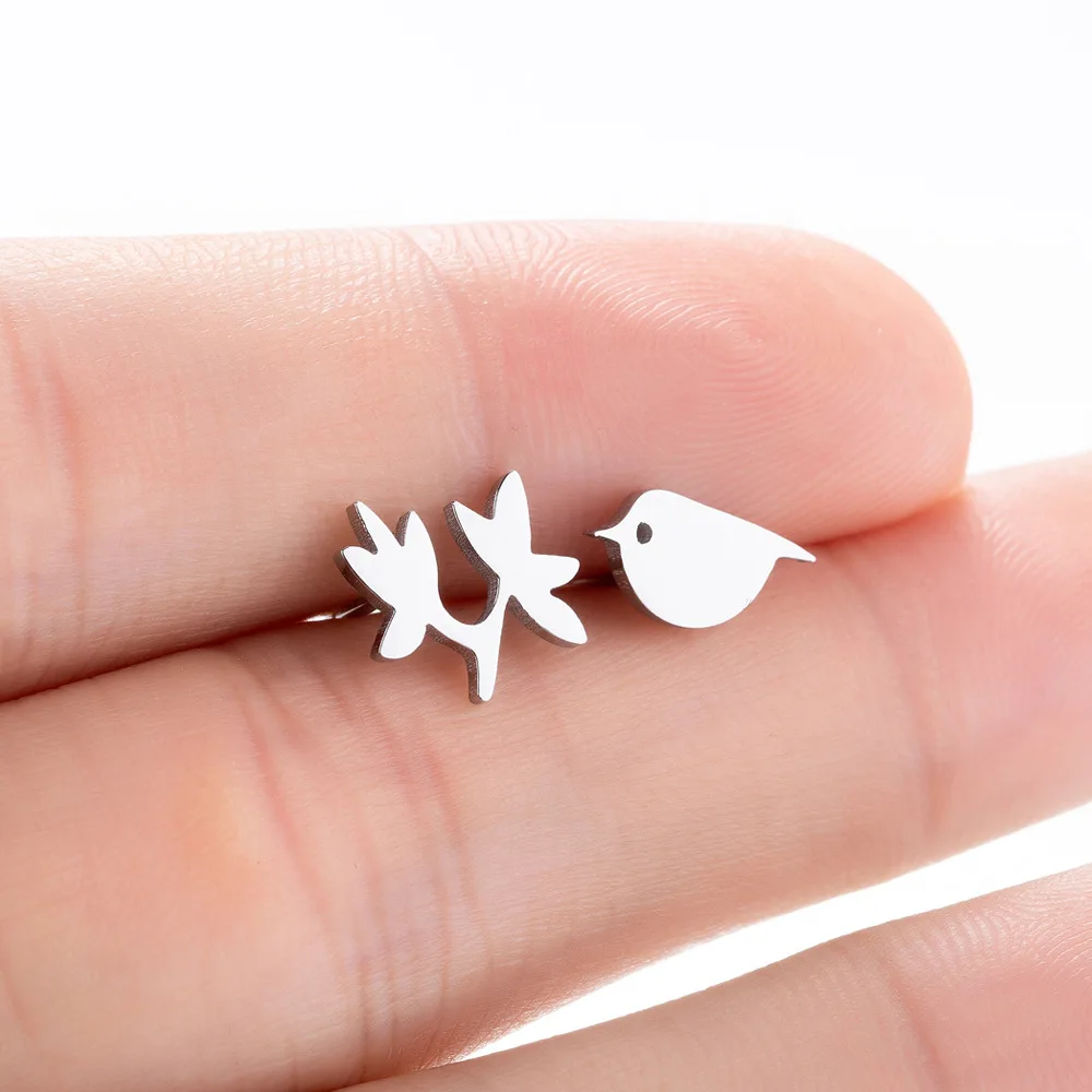 

TULX Stainless Steel Lovely Animal Small Earrings For Women Jewelry Little Bird Flower Earrings Ear Studs Piercing Pendientes