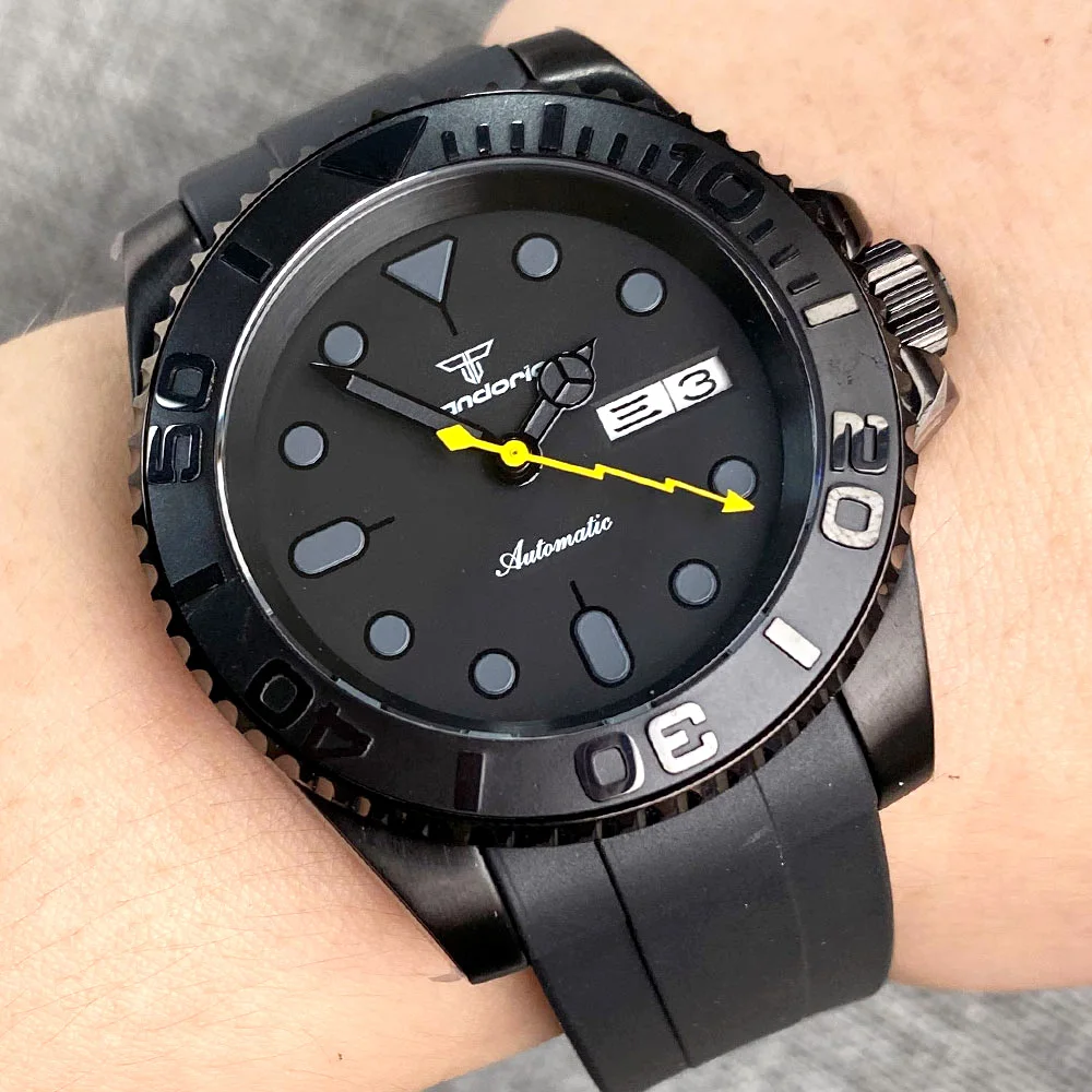 

20ATM тандорио 40 мм NH36 черный циферблат сапфировое стекло однонаправленный Безель Высокое качество черные PVD Мужские часы Lume Желтая Рука