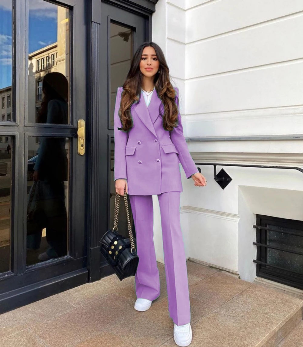 Fashion Blue Women Suits Set Mid Length Double Breasted Pants Blazer Office Ladies Wear Business 2 Pieces Slim Fit Наборы брюки