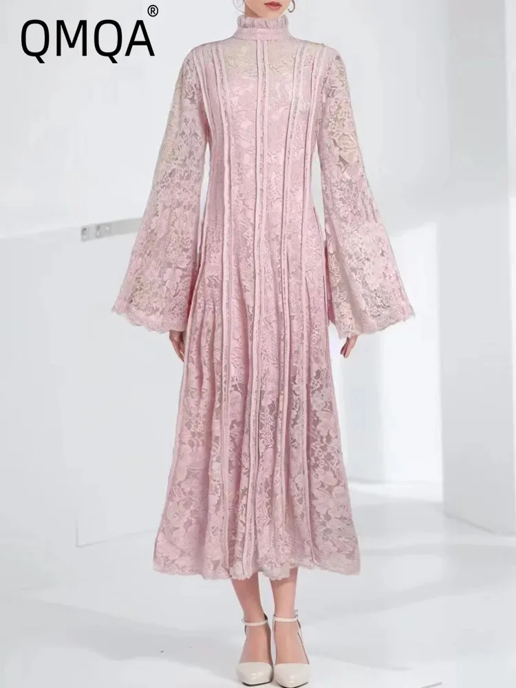 QMQA модные женские вечерние платья с воротником-стойкой и высокой талией длинными