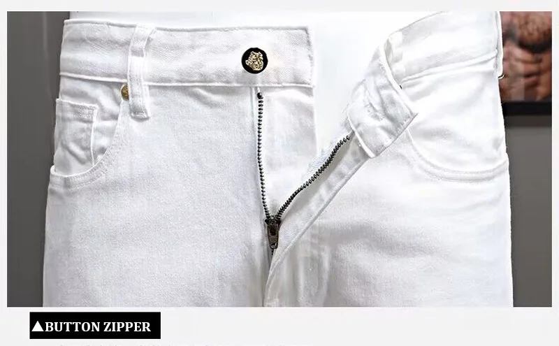 Tide Brand High Street Personality Stitching Youth White Motorcycle Riding Pants Jeans Zipper Style Trendy Men'S Trousers