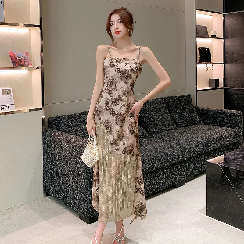 

Chic halter skirt unique stunning senior sense royal sister light ripe wind split sexy floral dress summer and autumn women