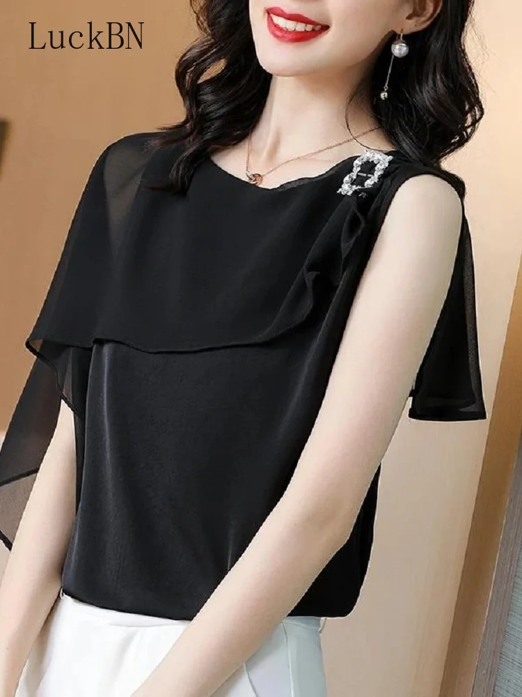 

Lady Irregular Chiffon Shirt Women's Clothing 2022 Fashion Office Casual Loose Commuter O-Neck Sleeveless Blouse Pullover Female