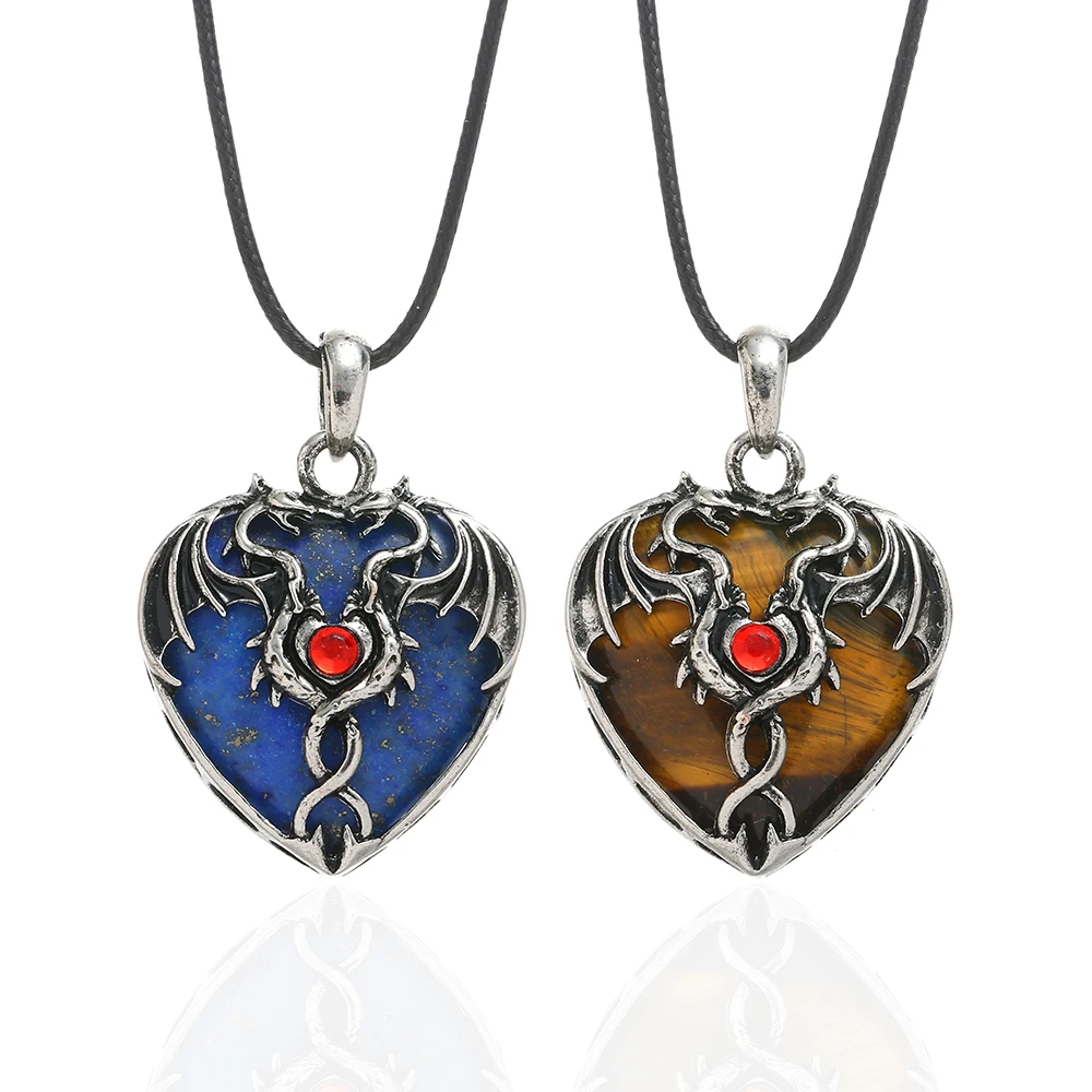 

New Vintage Double Dragon Necklace For Man Women Natural Stone Heart-shaped Pendant Wing Dragon Crystals Necklaces Jewelry