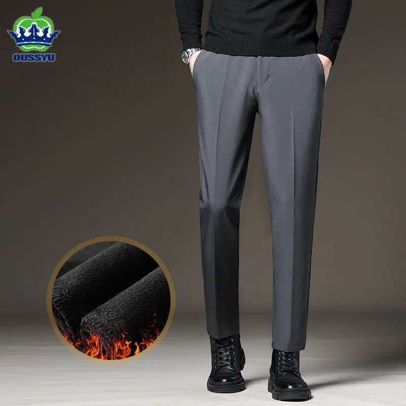 

Winter Fleece Suit Pants Men Warm Formal Elastic Waist Thick Slim Work Trousers Male Black Grey Brand Clothing Plus Size 40 42