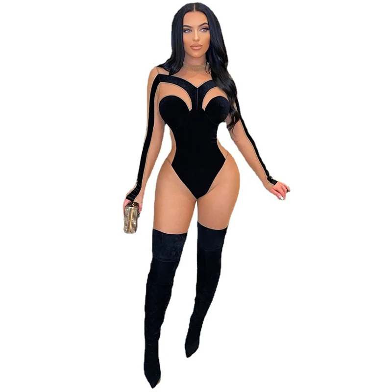 

Velvet Mesh Stitching Jumpsuit Sexy Ladies Full Sleeve Tight Fit Romper Party Clubwear Bodycon Skinny One Piece Clothing