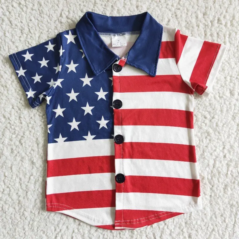 

Summer July 4th Fashion Shirt Star Stripe Clothing Baby Boy Short Sleeves Top Wholesale Children Infant Boutique Popular Clothes