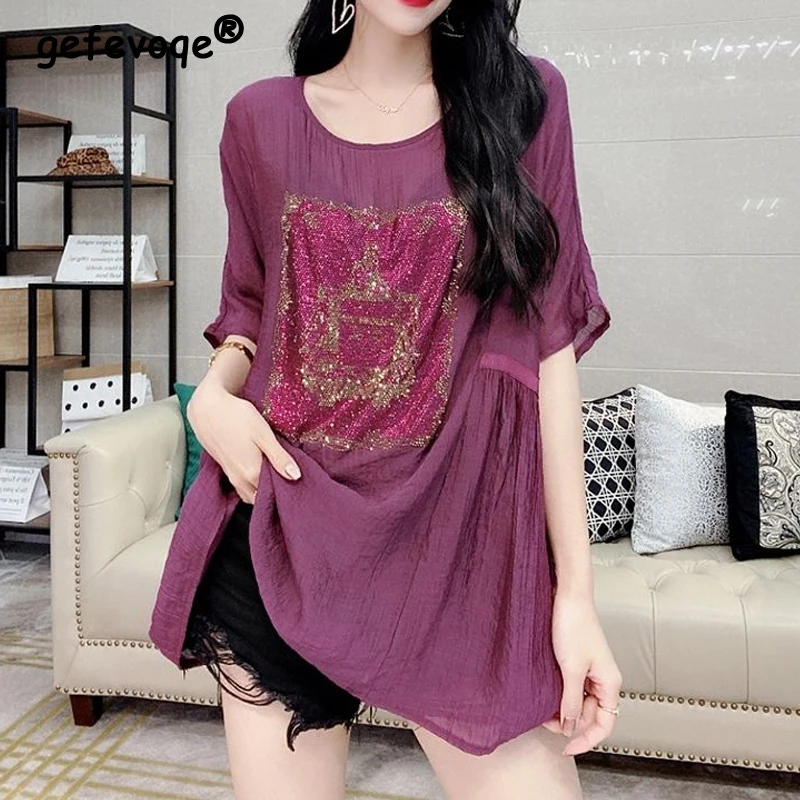 Женская одежда 2023 летняя уличная со стразами хлопковая льняная блузка модная