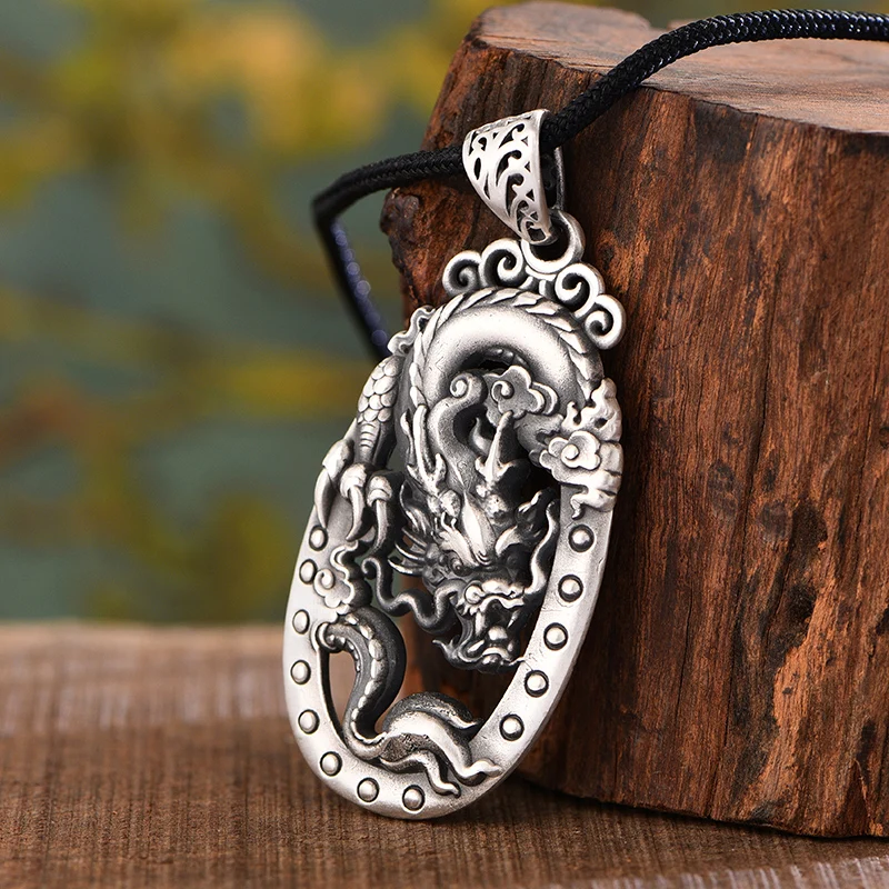 

New Men's Pendant Blue Dragon Necklace Silver Domineering Personality Hollow Pendant Sweater Chain For Boyfriend Gift Fashion