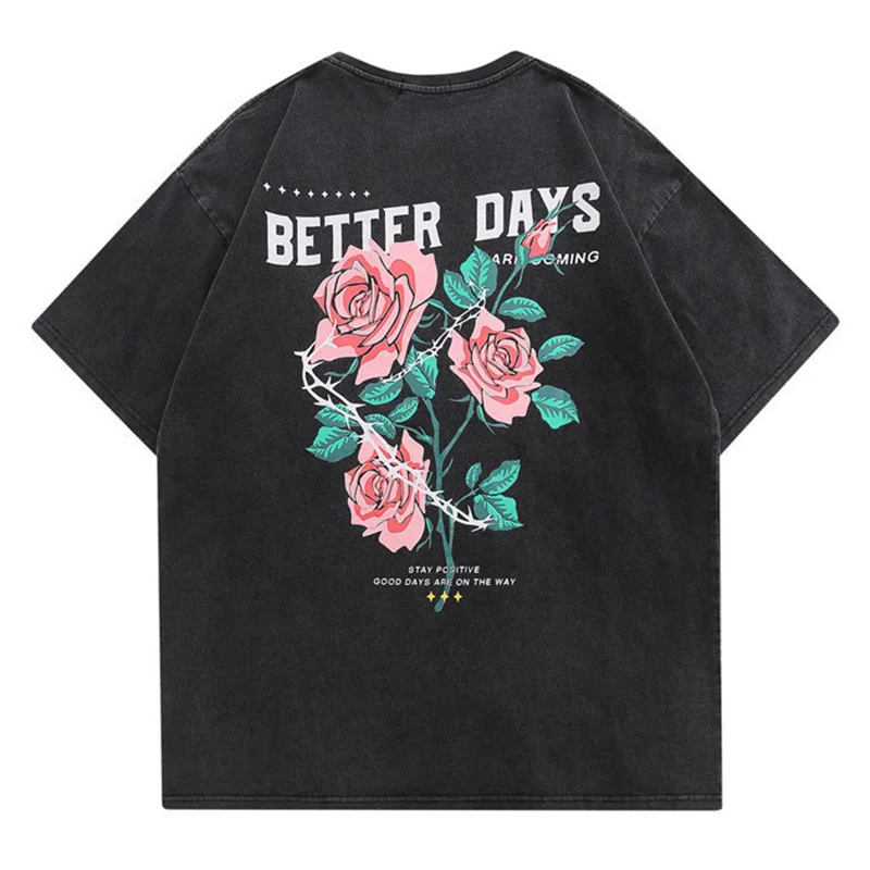 

2022 хип-хоп Футболка большого размера уличная японская роза с буквенным принтом Harajuku топы с короткими рукавами летние винтажные потертые фу...