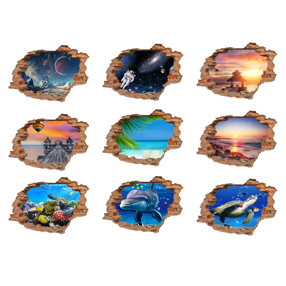 

3D Broken Wall Stickers Fake Windows Living Room Bedroom Background Stickers PVC Waterproof Self-adhesive Murals