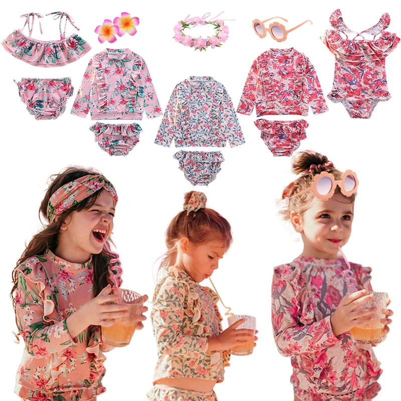 

Слитный купальник в испанском богемном стиле с цветочным принтом для девочек, 2 шт., детский праздничный пляжный купальник с защитой от солнца, цветочными оборками и разрезом