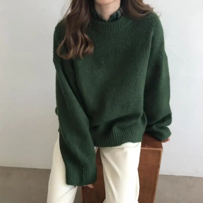 

ZOKI Knitted Pullover Sweater Women Casual O Neck Sweater Autumn Winter Loose Green Jumpers Solid Long Sleeved Warm Sueter Mujer