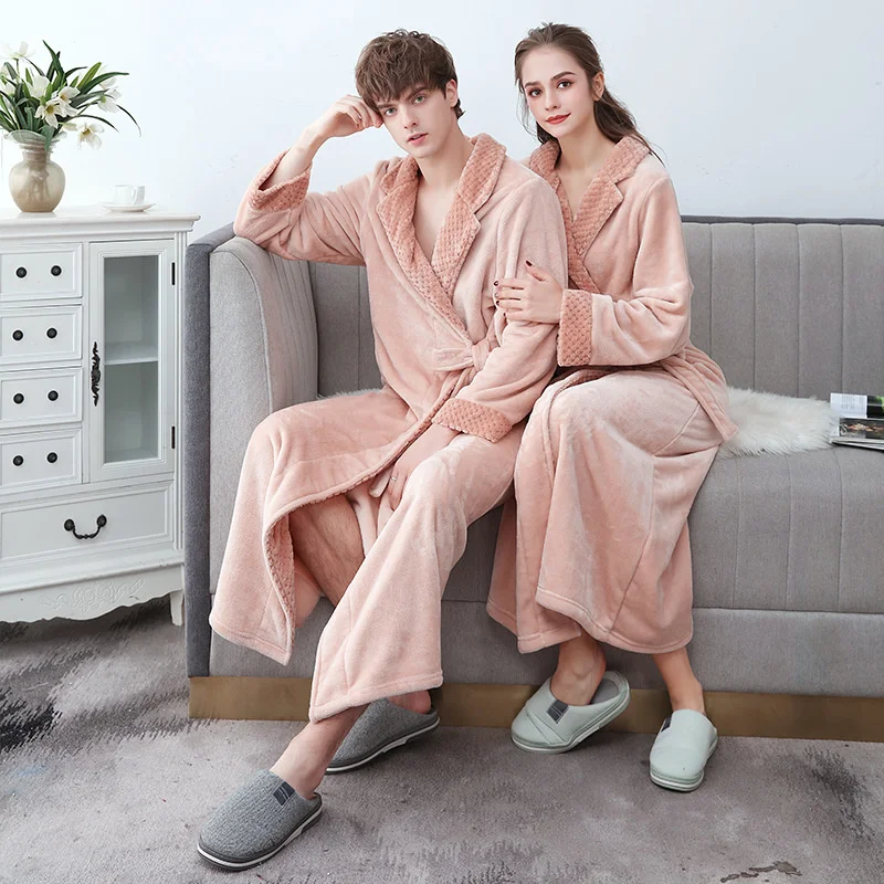 Coral velvet Nightgown men's and women's autumn and winter long sleeved lace up pajamas home clothes long thickened flannel