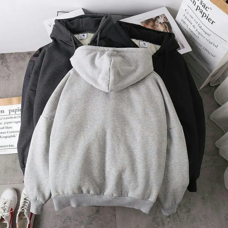 Couple Korean Style Hoody Zip-up Warm Oversized Solid Pocket Hooded Sweatshirts Autumn Long Sleeve Loose Baseball Jacket Summer