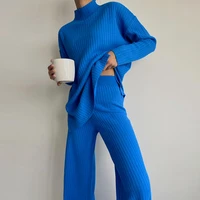 brand knitted womens sets 2 piece outfits solid casual pullover tops high waist long pants 2022 winter oversize sweater suits