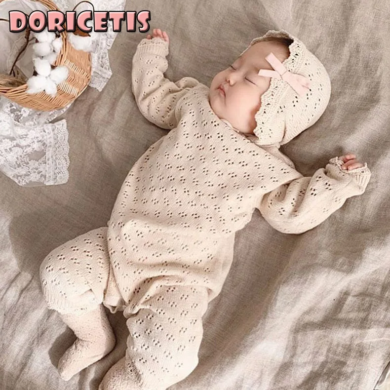 

Newborn Romper Solid Color knitted Lace Long Sleeve Jumpsuit With Hat Baby Spring Autumn New Style Indoor Casual Homewear Romper