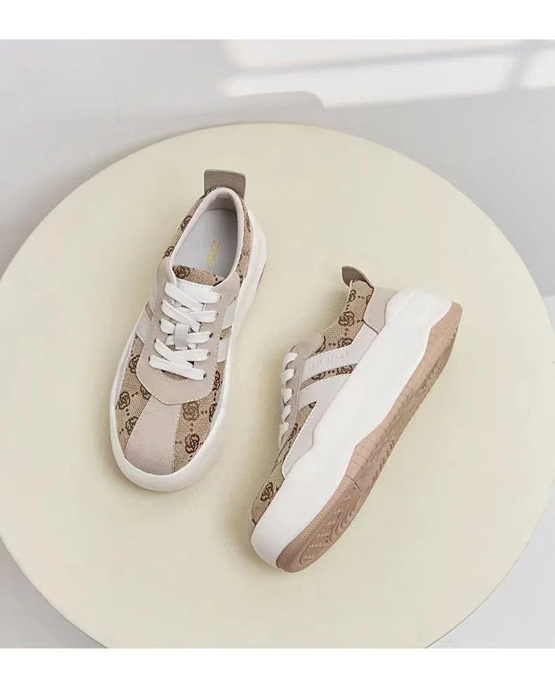 Luxury leather casual shoes Lightweight vintage sports shoes Trendy thick soled white shoes