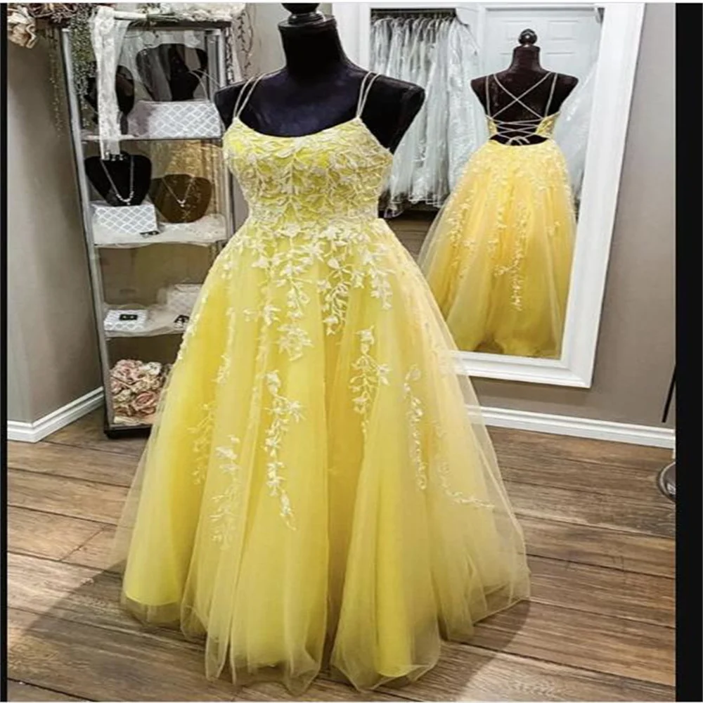 

Elegant Party Dresses For Women 2023 Youthful Yellow Spaghetti Long Appliques Lace A-Line Prom Dress