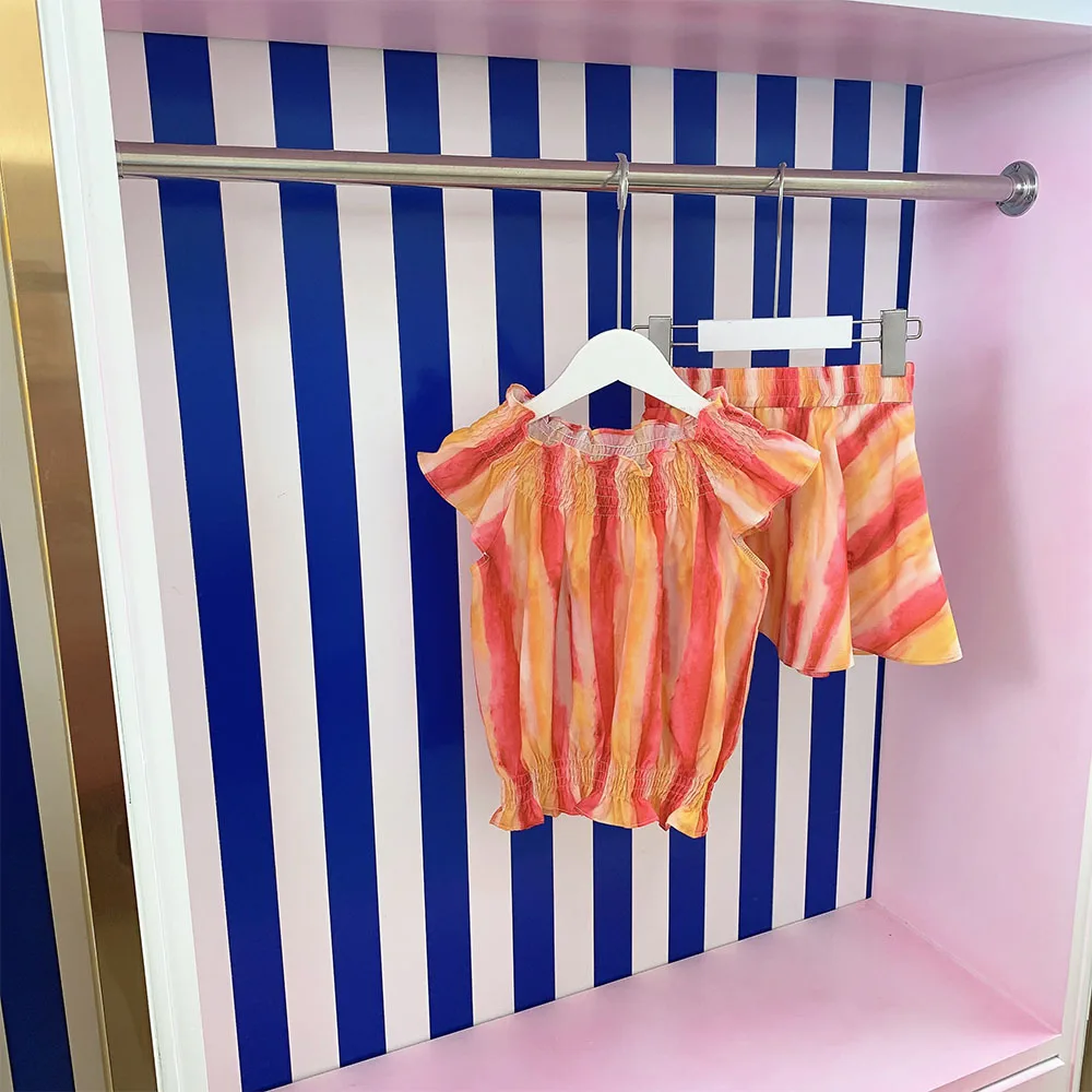 

High end children's wear girls' suit skirt stripe exquisite color design Short Sleeve + short skirt two-piece set of high-qualit