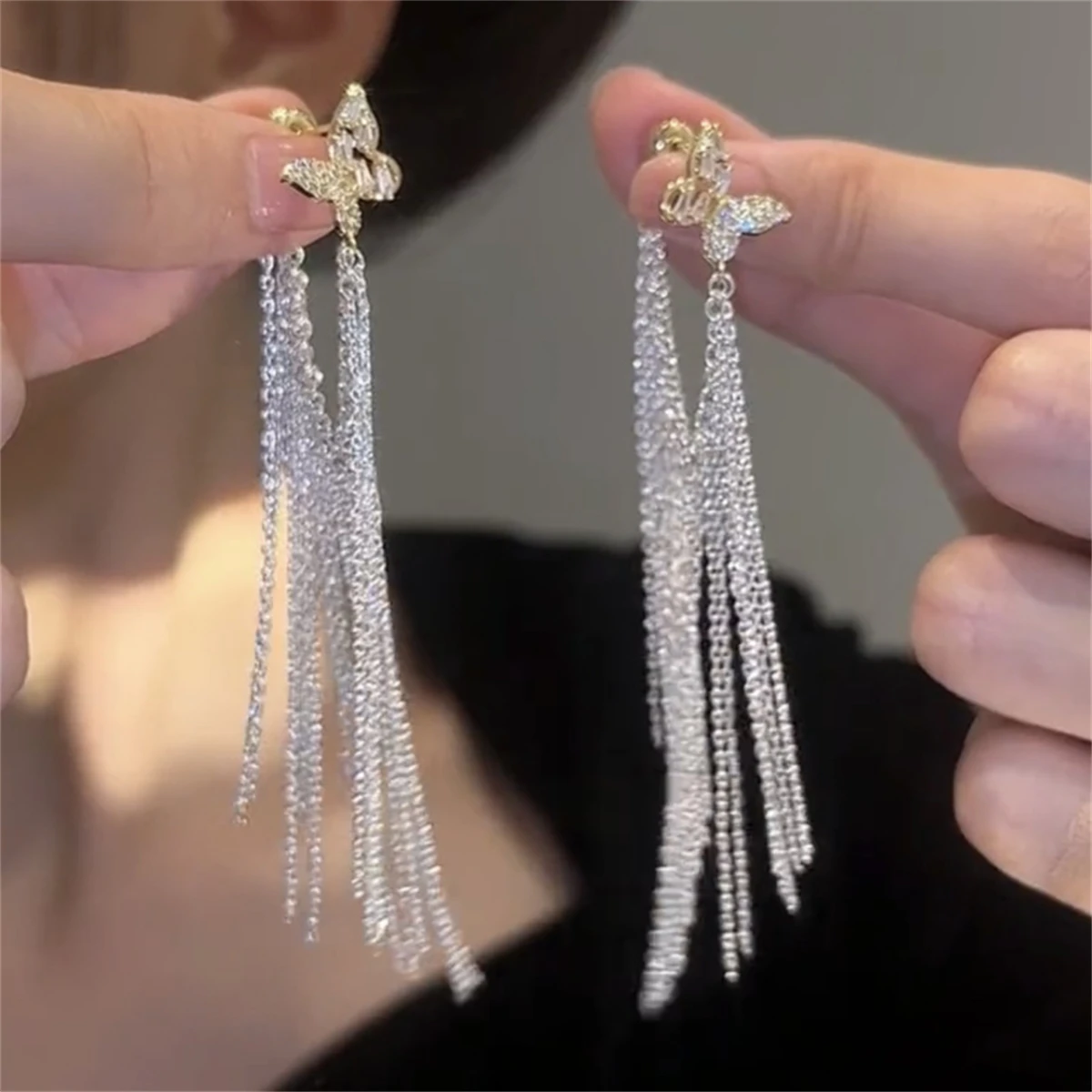 

New Luxury Trendy Butterfly Long Tassels Hanging Women's Earrings Silver Color Female Jewelry Accessories Birthday Party Gifts