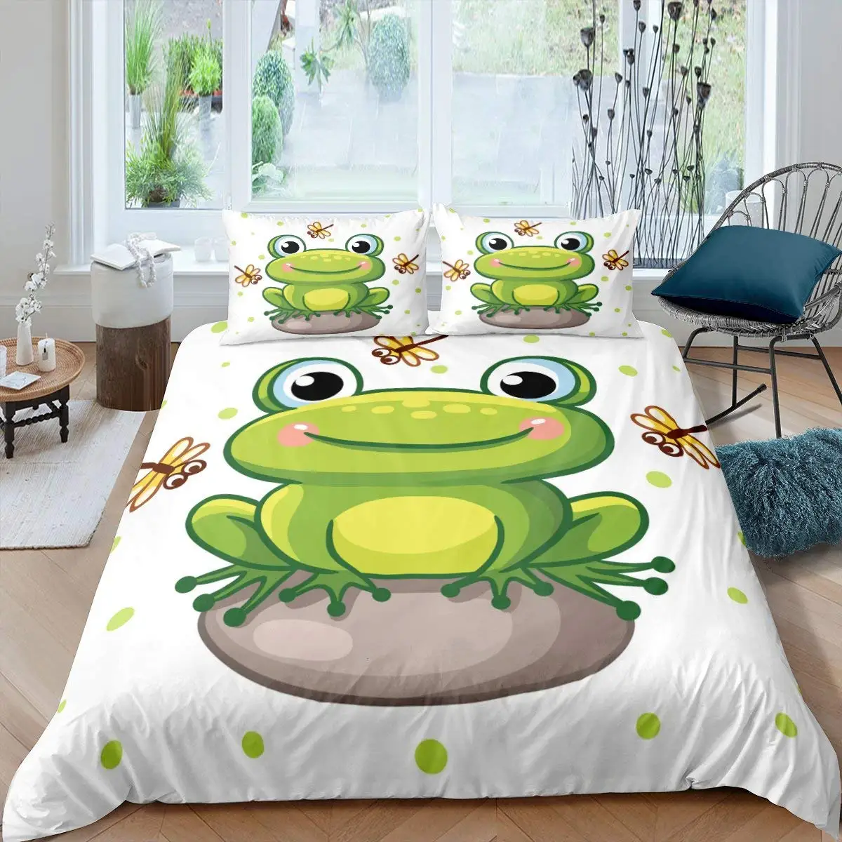 

Cartoon Frog Duvet Cover Set Light Green Cartoon Frogs Cute Dragonfly Animal Bedding Set for Kid Twin Size Polyester Quilt