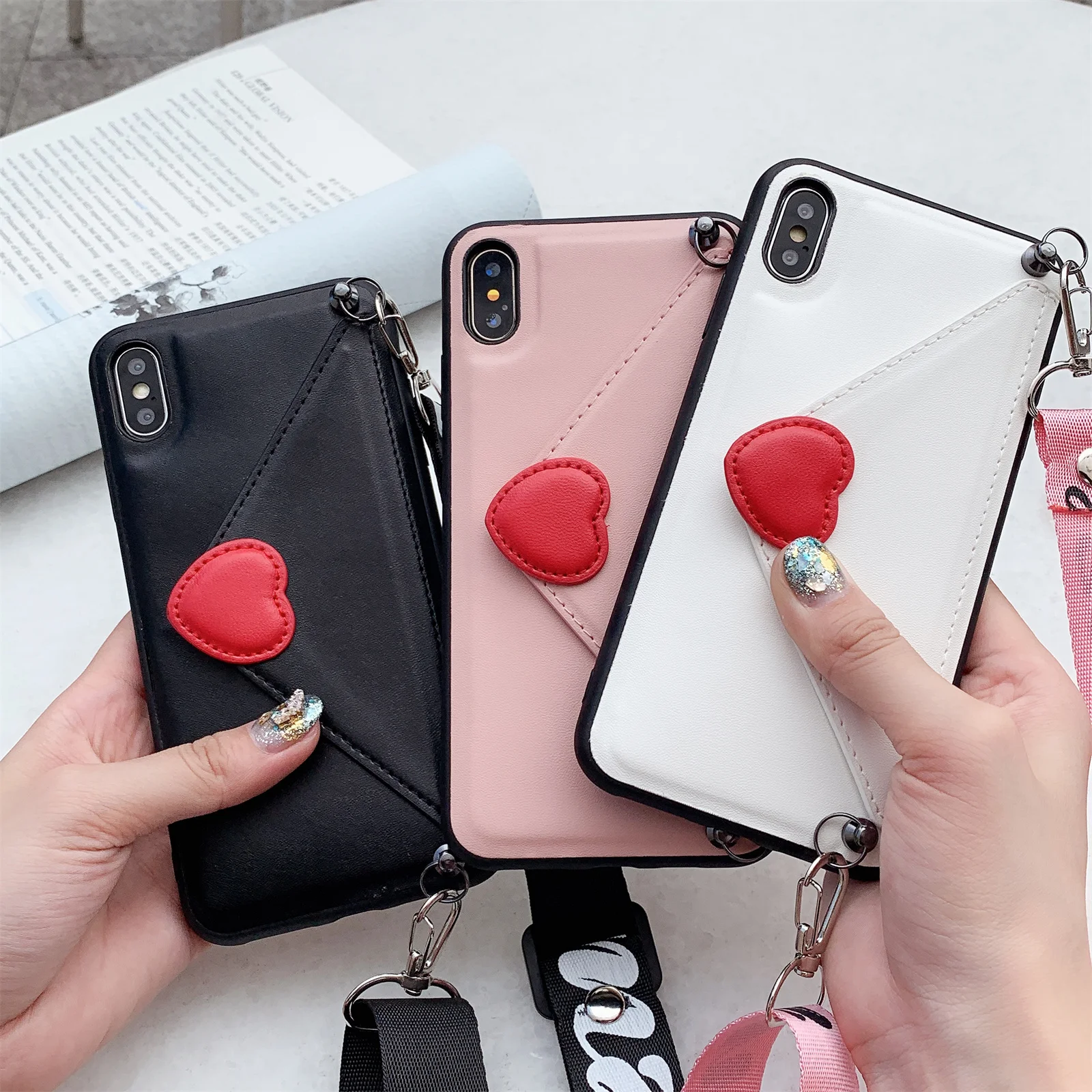 

Crossbody Phone Case for IPhone 13 12 11 Pro XS Max XR X 8 7 Plus Card Holder Lanyard Love Heart Wallet Leather Cover