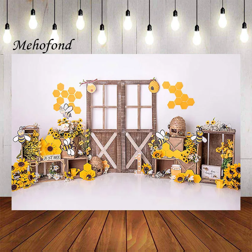 

Фон для фотосъемки Mehofond подсолнухи мед пчела ферма деревянная дверь детский день рождения торт разбивать Фотостудия