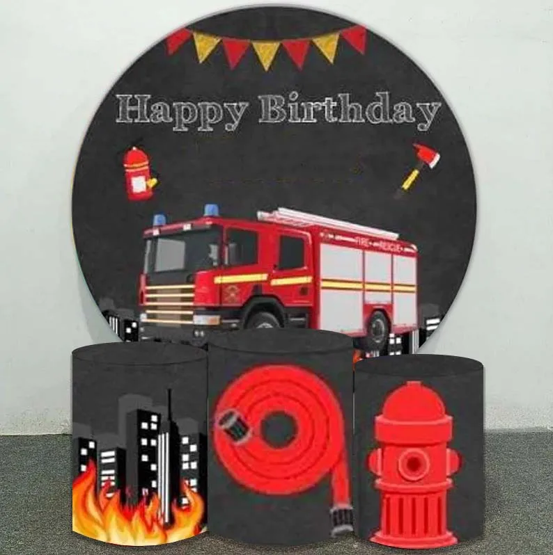 

FIRE STATION Round Circle Background Covers Fire Truck Fireman Boy Birthday Party Supplies Backdrops Cake Table Decor Photophone