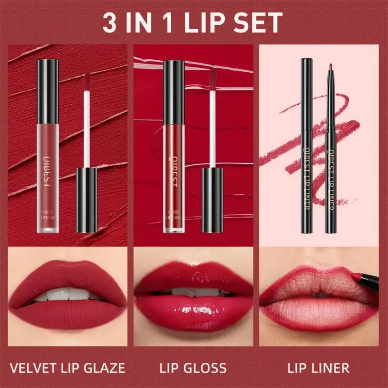

Non-stick Cup Lip Glaze Velvet Matte Lip Glosss Lip Line Set 3pcs Moisturizing Waterproof Makeup Lip Glaze Tint Long Lasting