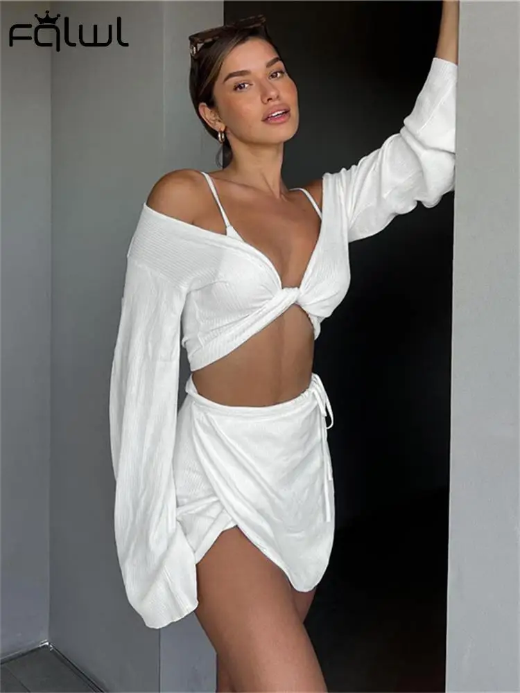 

Fqlwl Summer Sexy White 2 Two Piece Sets Club Outfit For Women 2022 Long Sleeve Crop Top And Skirt Sets Female Matching Sets