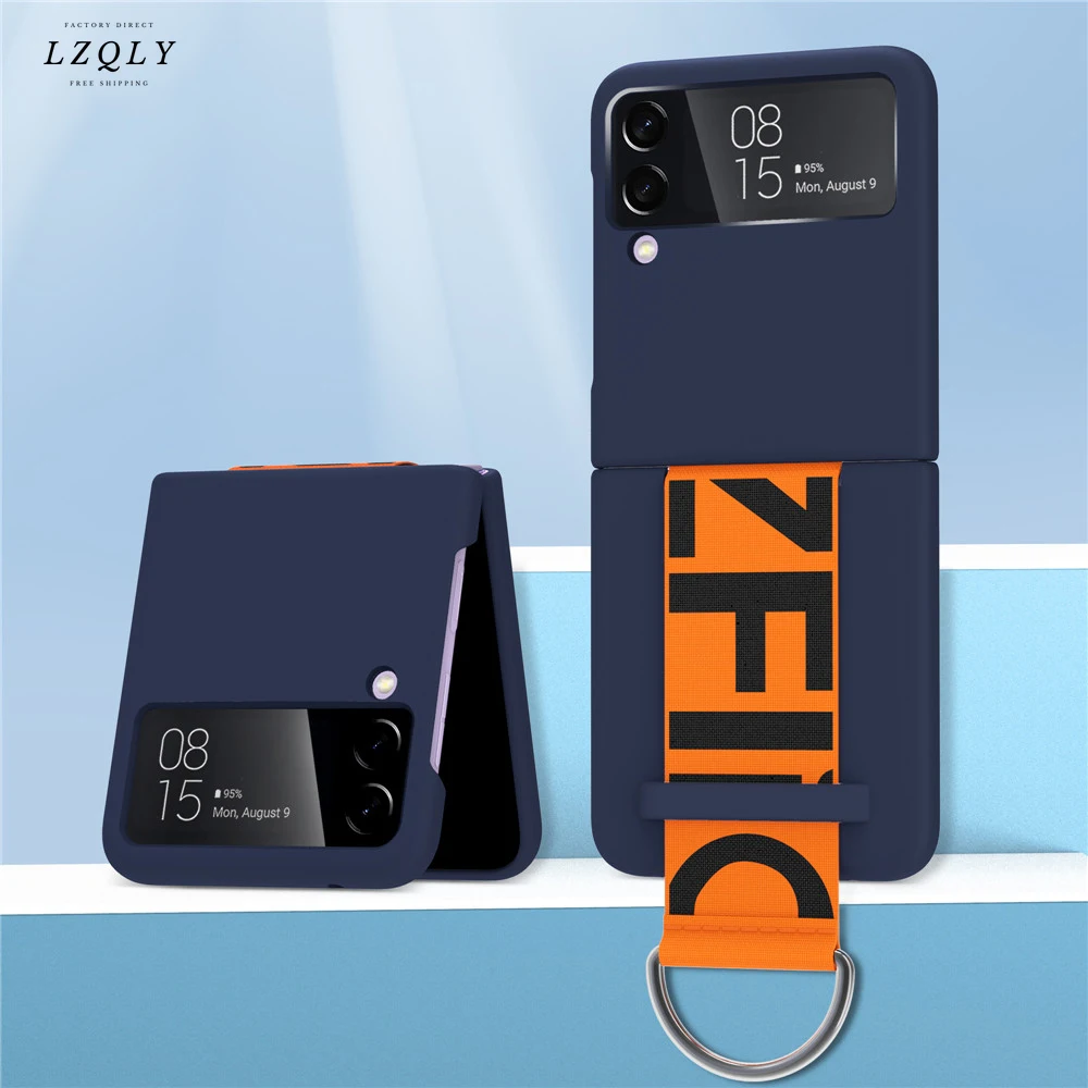 

With Strap Len Metal Ring Cover For Samsung Galaxy Z Flip 3 5G Case Wristband Plastic PC Shockproof Phone Cases Coque Fundas