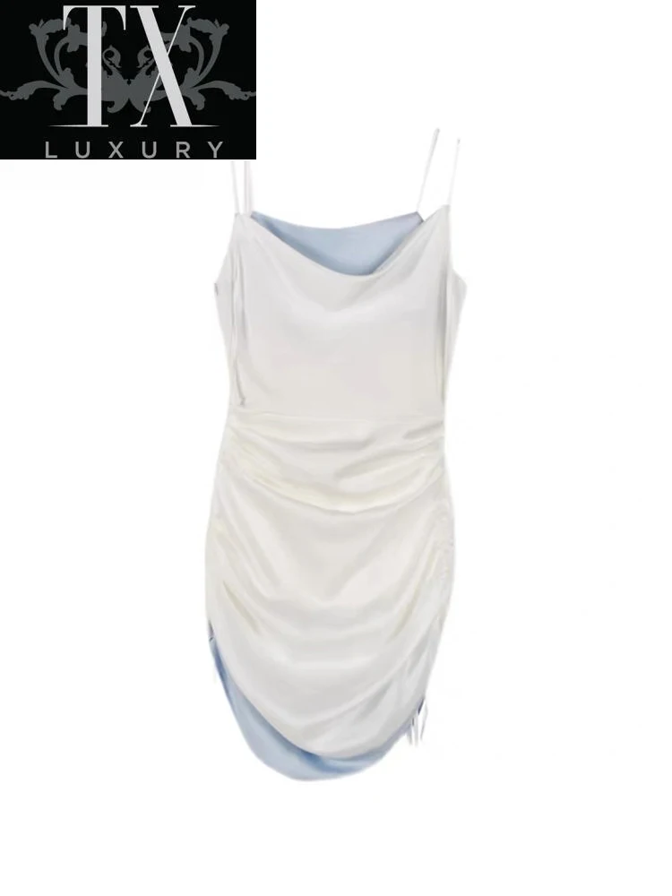 

Sexy Spaghetti Strap Backless Summer Dress Women French Satin Drawstring Elegant Bodycon Party Mini Vestidos 2022 Mujer Clubwear