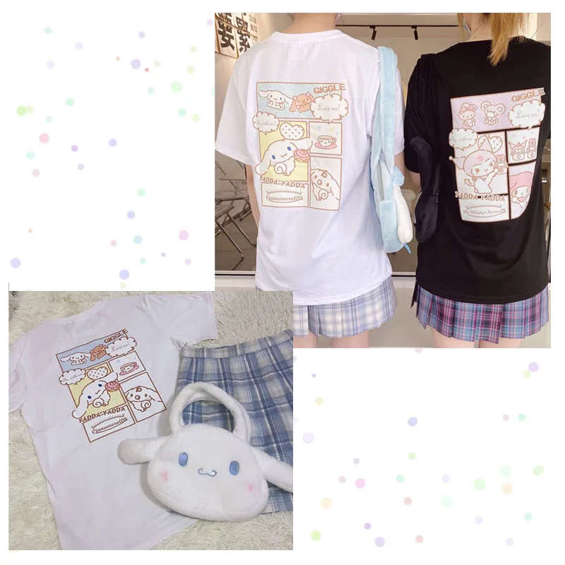 

Cartoon Kawaii Cinnamoroll Kuromi T-shirt Anime Figures Sweet Cute Soft Printing Wild Loose Jk Short Sleeve Girl Birthday Gifts