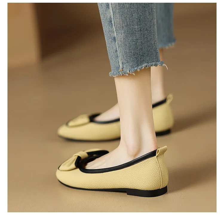 2023 Summer Soft Leather Bowknot Shallow Mouth Single Shoe Women's New Flat Bottom Large Grandma's Shoe Woman Designer Shoes