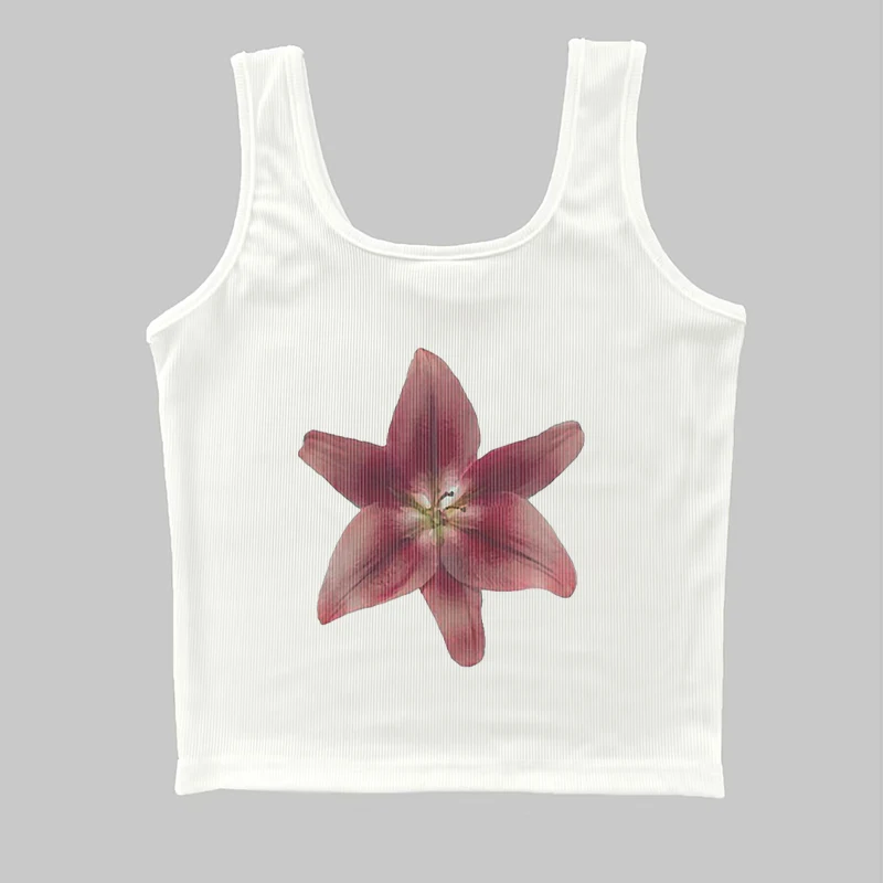 Women's Y2k Tops Aesthetic Flowers Print Short Sleeve Summer Female Slim Fit Crop T-shirts White Casual Sport Tees