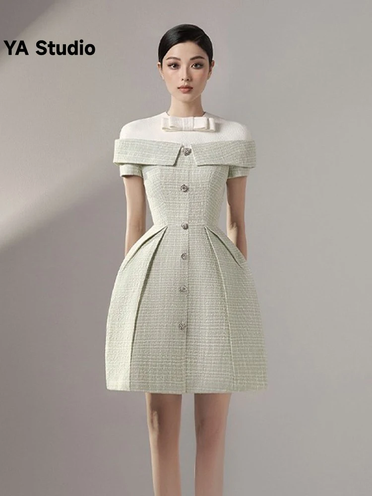 

[YA Studio] Ladies Short Sleeve Dress New Designer Diamond Button Bow Waist Wrapped 2023 Summer Autumn Fashion