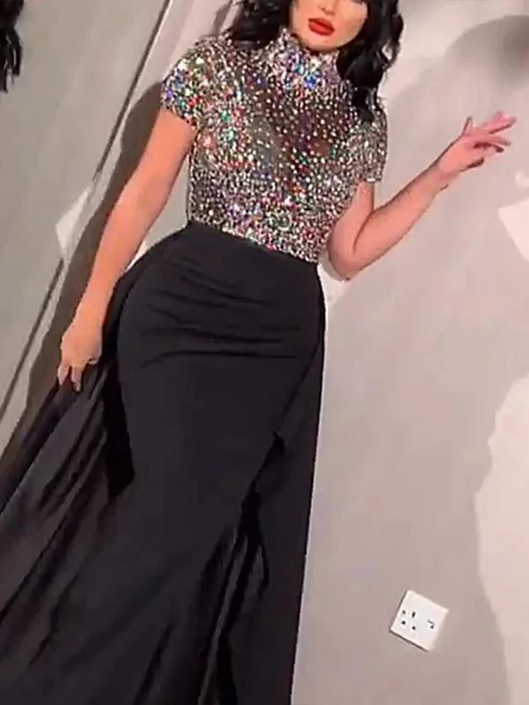 PLEINDI Luxurious Evening Dresses HIGH Short Sleeve Asymmetrical Chiffon Floor-Length 2022 New of Appliques Classic Prom Dress