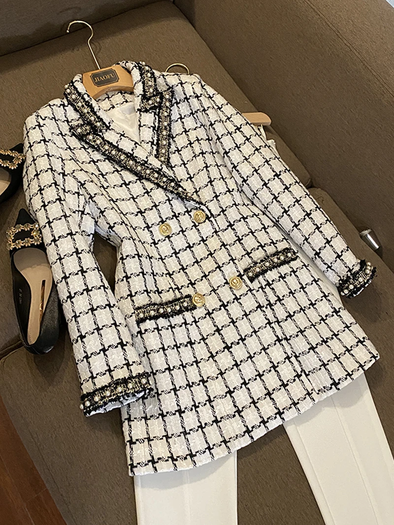 E GIRLS High-Quality Women's 2022 New Black White Plaid Temperament Slim Double-Breasted Blazer Trench Coat Long Sleeves