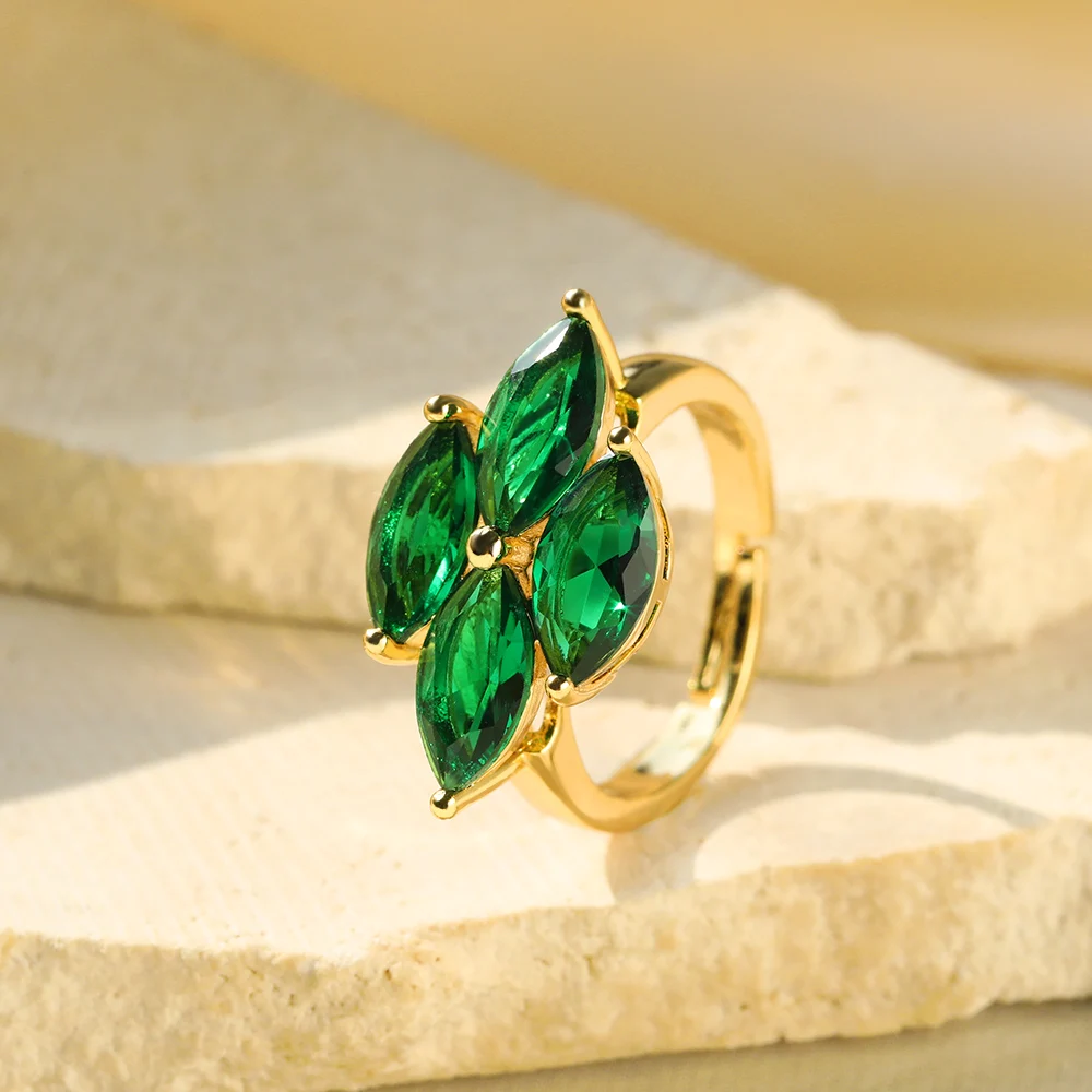 

Vintage Green Crystal Flower Ring For Women Zircon Adjustable Open Ring Fashion Wedding Jewelry Gift