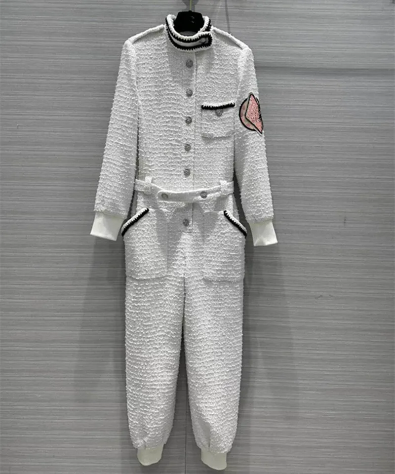 

European and American women's dress 2023 summer new style Long-sleeved stand-up collar single-breasted belt Tweed jumpsuit