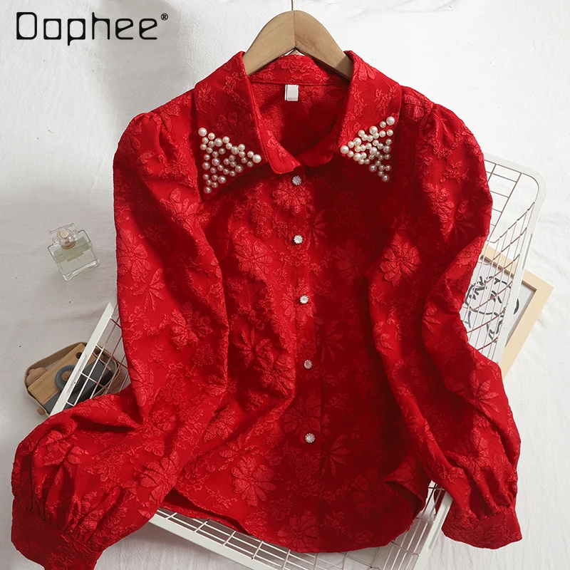 

Женская жаккардовая рубашка, элегантная белая блузка с отложным воротником и бусинами, приталенная блузка на пуговицах с рукавами-фонарика...