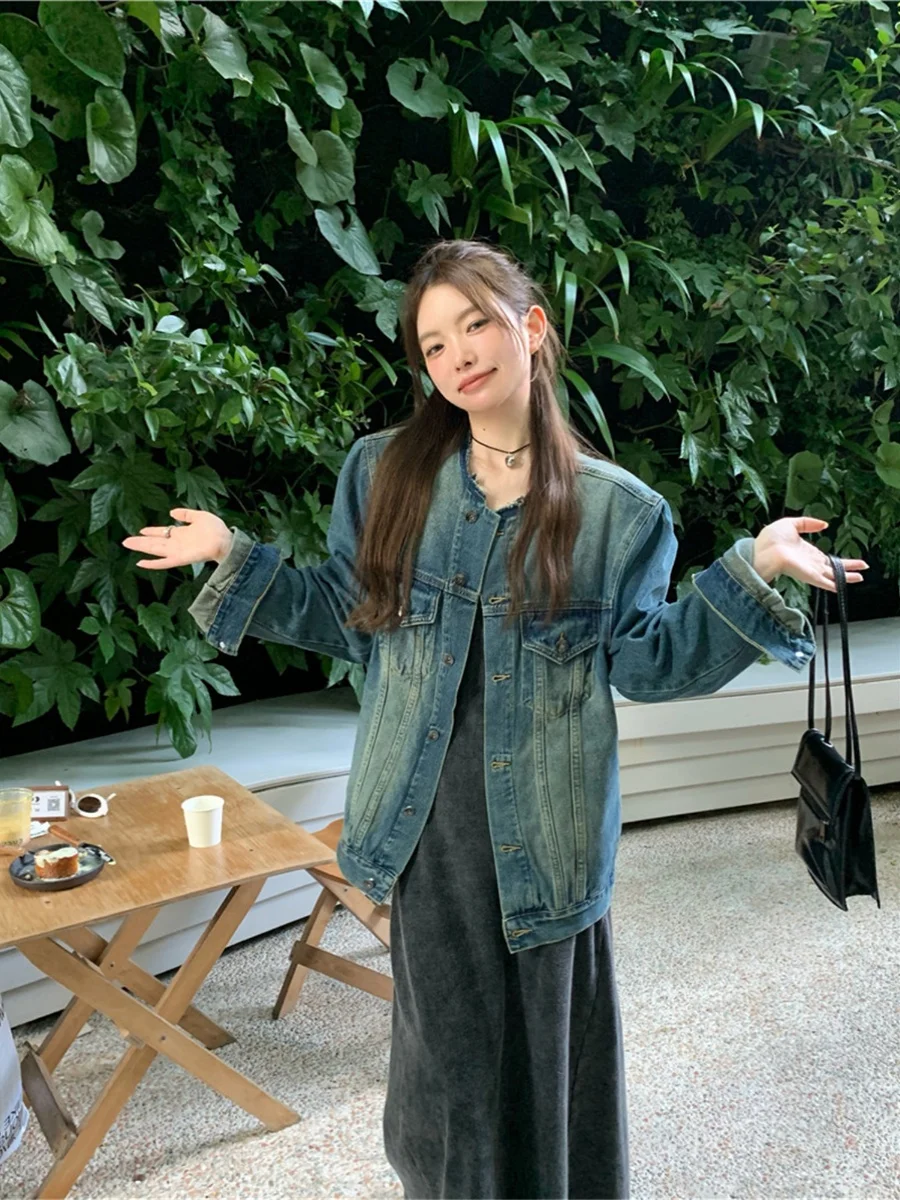 R Studio корейская серия Idle Sle ретро стираная верхняя одежда джинсовое облегающее