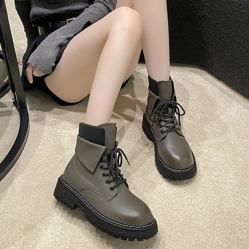 

Осенне-зимние модные женские сапоги на шнуровке на толстой подошве однотонные модные сапоги красивые мотоциклетные сапоги для женщин