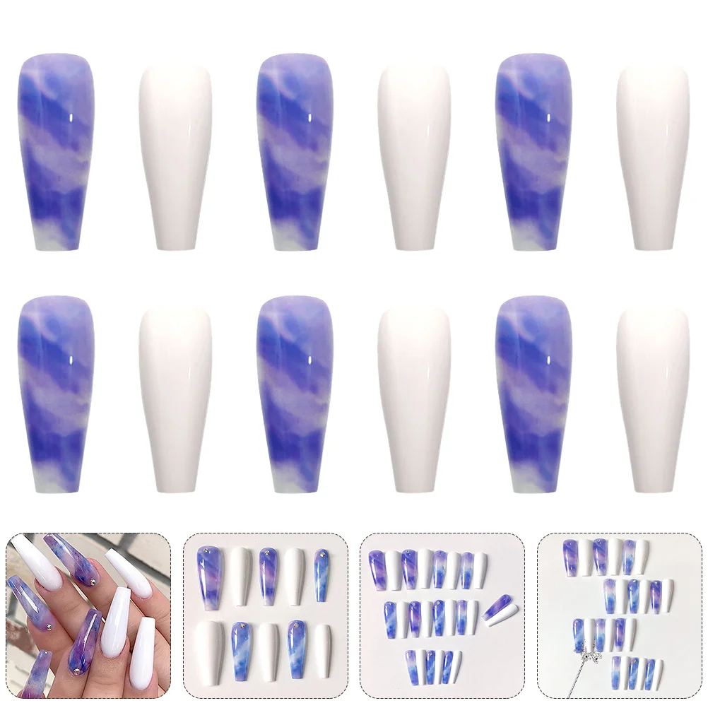 

Nails Nail Fake Tips Blue False Press Full Cover Coffin Acrylic Tip Salon Glossy Artifical Stick Women Ballet Press on nails