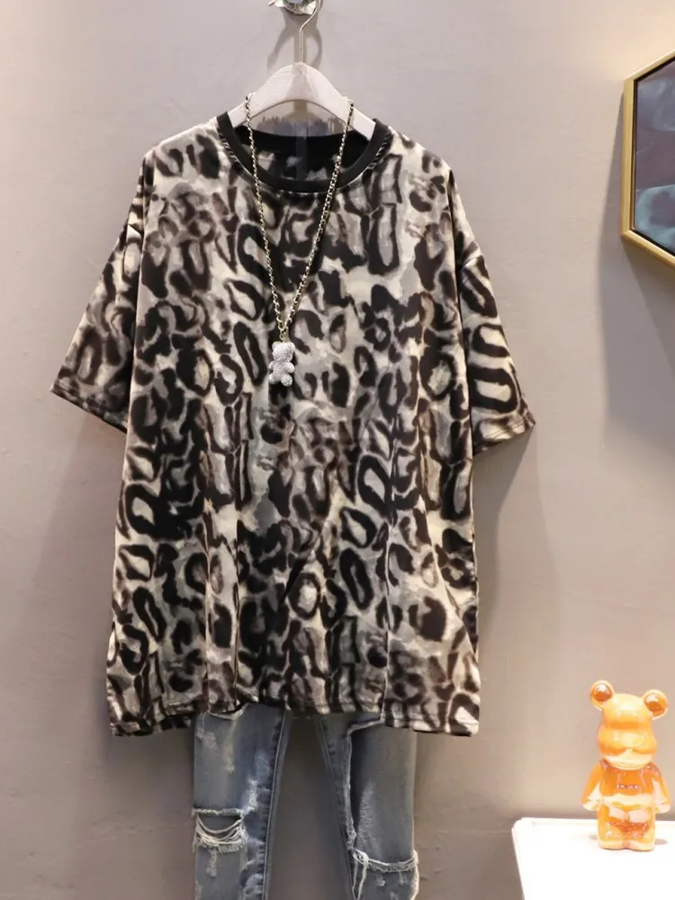 

Женская шифоновая рубашка URIOR, свободная блузка с коротким рукавом и круглым вырезом, с леопардовым принтом, лето 2023