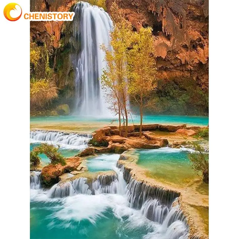 

CHENISTORY Diamond Embroidery Waterfall Scenery 5D Round / Square Diamond Painting Mosaic Art Home Decor 40*50 Cm For Wall Art G